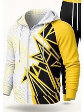 baratos Fatos de treino-Homens Moletom Agasalho de 2 peças Conjuntos de moletom Com Cordão Zip Up Geométrica Conjuntos Outono Amarelo Vocação Exterior Viagem Leve Da Moda Manga Longa Esporte Roupas Esportivas Com Stretch