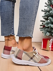 abordables Zapatillas de mujer-Zapatos sin cordones a cuadros para mujer: zapatos casuales y acogedores para Navidad, reuniones de invierno y relajación festiva.