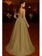 cheap Ball Gown Evening Dresses-A-Line Floor Length Beaded Eembroidered Formal Dresses Mother of the Bride Dress Evening Gown Ball Gown with Overskirt Formal Dress Elegant Silky Long Sleeve Shirt Collar Wedding Formal Satin Sequined