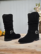 abordables Botas holgadas-Botas holgadas de mujer en marrón oscuro con hebilla: botines informales de tacón bajo para uso diario.