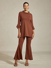 baratos Calça-calças femininas marrom café butterflex modal boca de sino chiffon whisperflow painéis transparentes perna larga cintura elástica trabalho diário férias primavera outono verão