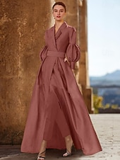 abordables Combinaisons pour maman-Combinaison Ensemble Robe Mère de la Mariée Longueur de Sol Manches Longues V Cou Élégante Invité de Mariage avec Ruching Couleur Unie