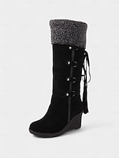 preiswerte Schnee- und Winterstiefel-Damenstiefel mit Keilabsatz aus braunem Wildleder und Kunstfellbündchen – stylisches Schnürdesign mit Quasten, warme und bequeme Winterstiefel für Freizeit und Outdoor