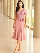 preiswerte Knöchellänge-Meerjungfrauenschnitt Knöchellänge Partykleid Cocktailkleid Kurzarm V Ausschnitt Elegant Formell Baumwollmischung Polyester Brautmutterkleid mit Farbblock