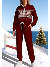 baratos Fatos de treino-Natal Mulheres Moletom Suéter Roupa de corrida Com Cordão Zíper Jaquetas e Calças Para Esporte Conjunto de roupa atlética Conjuntos Primavera Vinho Azul Marinho Escuro Casual Exercite-se Exterior