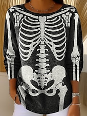 billige Grafiske mønstre og detaljer-Kvinners Genser Søtt Gateklær Løs Grafisk Skjelett Rund U-hals Patchwork Strikket Lang Erm Vanlige Topp Strikk Svart Rød Høst Vinter