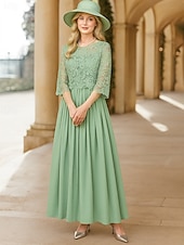 billige Gulvlengde-A-linje gulvlang brudgjestkjole formelle kjoler kveldsdrakt mor til bruden kjole 3/4 lengde erme rund hals elegant formell blonde med ensfarget