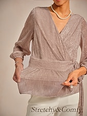 baratos Blusas Simples-Mulheres Blusa gravata na frente Metálico Elegante Manga Longa Decote V Tops regulares Convidado do casamento Roupas para encontros noturnos Traje para coquetel Rosa Verão Primavera Outono Inverno