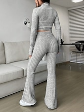 cheap Women's Blouse Suits-Women's Pants Sets Bolero Top Long Sleeve Shirt Collar Solid Color Zipper Fashion Streetwear Casual Daily Outdoor Black Wine Camel Spring Slim