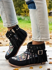 dames mocassinlaarzen met franjes en kleurrijke etnische print, casual enkellaarsjes voor herfstoutfits en festivals &dagelijks gebruik voordelige Enkel laarzen-dames mocassinlaarzen met franjes en kleurrijke etnische print, casual enkellaarsjes voor herfstoutfits en festivals &dagelijks gebruik