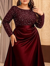 economico Lunghezza del pavimento-Abito a-line lungo fino al pavimento abito da sposa abiti formali abito da sera abito madre della sposa maniche lunghe scollo tondo elegante vintage festa satinato con pieghe paillettes spacco