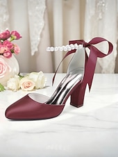 billige Pumps med blokkhæl-dame oransje sateng pumps med blokkhæl og perlemor &amp;bånd ankelstropp - elegante spisse høyhælte sko til bryllup, fester &amp;kveldsarrangementer