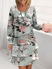 abordables Vestidos de fiesta-Easter Women's Knee Length Dress A Line Dress Tiered Dress Elegant Vacation Casual Regular Fit Floral Graphic Leaf Long Sleeve Crew Neck Green Khaki Spring Fall Winter