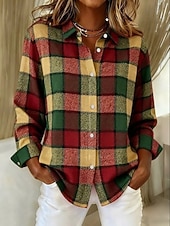 Недорогие Полосатые и геометрические блузки-Жен. Рубашка Блуза Пэчворк Пуговицы С принтом В клетку На каждый день Длинный рукав Рубашечный воротник Обычные топы Повседневные Синий Черный Розовый Красный Пыльно-синий Осень Зима