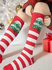 tanie Akcesoria świąteczne-Damskie, świąteczne, puszyste, sięgające do kolan skarpetki, ciepłe i przytulne, zimowe, domowe pończochy z odświętnym, czerwono-zielonym wzorem w gwiazdki, idealne na świąteczny relaks &amp;prezenty