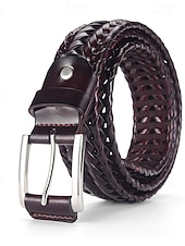 levne Pánské opasky-Pánský pletený opasek z pravé kůže – klasický tkaný design s leštěnou přezkou, odolný a nastavitelný doplněk v pase pro ležérní, obchodní a golfové outfity