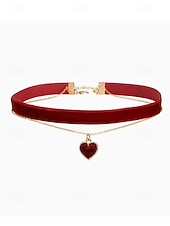abordables Collier pour femme-Collier ras du cou en velours pour femme avec pendentif cœur rouge - élégante chaîne dorée à double couche pour Noël et les fêtes de fin d'année