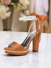abordables Demoiselle d&amp;#39;honneur-Escarpins à plateforme en satin rose pour femme avec bride cheville en perles et nœud - sandales élégantes à talons hauts pour cocktails et événements formels