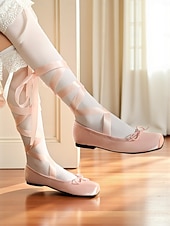  Женские балетки из розового атласа с завязками-лентами, элегантный и женственный дизайн, идеально подходят для занятий балетом, танцевальных выступлений и торжественных случаев.