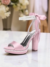 abordables Demoiselle d&amp;#39;honneur-Escarpins à plateforme en satin rose pour femme avec bride cheville en perles et nœud - sandales élégantes à talons hauts pour cocktails et événements formels