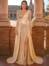 preiswerte Bodenlänge-A-Linie Schlauchkleid Bodenlang Abendkleid Überrockkleid Langarm V Ausschnitt Elegant Vintage luxuriös Formell Spandex Paillettenbesetzt Polyester Brautmutterkleid mit Paillette Farbblock