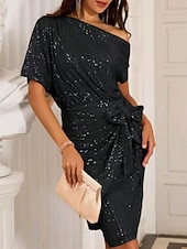 economico Abiti con paillettes-Per donna Mini Abito Tubino Elegante Festa cocktail All'aperto Feste Matrimonio Paillettes Taglia piccola Tinta unica Manica Corta Monospalla Nero Rosa Vino