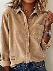  Dame Skjorte Dressy topper Lomme Knapper Helfarge عادي Årgang søt stil Stilfull Langermet Skjortekrage Vanlige topper Daglig Arbeid Ut på byen Kamel Høst Vinter