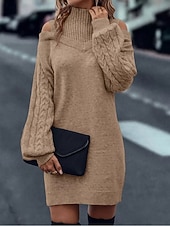 economico Abiti in maglia-Per donna Abito maglione Elegante Casual Morbido Colore Puro A Coste Dolcevita Lavorato a maglia Spalle scoperte Manica Lunga Top Regolari Maglia All'aperto Quotidiano Weekend Nero Verde Autunno