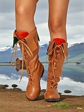 voordelige Middeleeuwen &amp; Renaissance-Middeleeuwse Viking-kniehoge veterlaarzen van imitatieleer voor dames, retro renaissancekostuumschoenen voor LARP, cosplay en festivals &amp;podiumoptredens