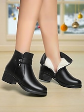 Недорогие Снежные и зимние ботинки-Женские черные кожаные ботильоны с шерстяной подкладкой – застежка-молния, теплые и удобные зимние ботинки для повседневной носки и активного отдыха