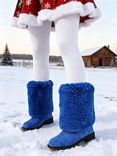 cheap Snow &amp; Winter Boots-Women's Burgundy Faux Fur Mid-Calf Winter Boots – Warm Santa-Style Snow Boots for Christmas, Holiday Outfits and Outdoor Wear