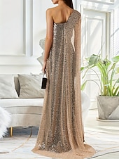 お買い得  ボールガウンイブニングドレス-タイト／コラム フロア丈 イブニングドレス オーバースカート付きボールガウン フォーマルドレス エレガント 光沢タイプ ノースリーブ ワンショルダー フォーマル 結婚式 スパンコール ストレッチクレープ ととも​​に フリル スパンコール スリット