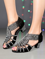 economico Scarpe per balli latini-scarpe da ballo latino professionali da donna con strass blu, tacchi da ballo scintillanti con punta aperta, eleganti prestazioni &amp;scarpe da ballo da competizione per salsa e tango