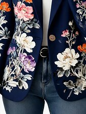 Недорогие Пиджаки и костюмы-Жен. Блейзер Сохраняет тепло Удобный Карман Пуговицы С принтом Повседневные На каждый день Цветочный принт Официальные Офис Повседневные Однобортный крой Обычная Лацкан с тупым углом Стандартный