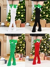 levne Dámské ponožky-Dámské vánoční ponožky do stehen, sada 4 párů, pruhované &amp;Jednobarevné červené sváteční punčochy s mašlemi a bambulkami, slavnostní ponožky nad kolena na zimní večírky &amp;dárky