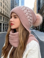 billige Damehatter-Dame vinterstrikklue-skjerfsett med pompong, fleecefôret 2-i-1-lue og halsvarmer, koselig og varmt utendørstilbehør for kaldt vær og julegaver