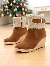 economico Stivali di neve e inverno-stivali da donna con zeppa e risvolto peloso, in pelle scamosciata marrone con cerniera e fibbia, stivali invernali caldi e comodi per il freddo, uscite informali e feste