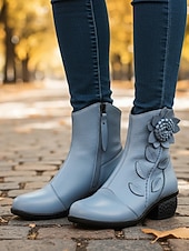 رخيصةأون جزمة الكاحل-حذاء نسائي من الجلد الأحمر بكعب متوسط وتطريز زهور - حذاء قصير كلاسيكي بكعب متوسط للملابس الكاجوال والأنيقة