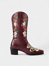 abordables Botas de moda-Botas vaqueras bordadas de piel sintética roja para mujer con diseño floral, tacón de bloque, estilo retro western, perfectas para festivales, salidas informales y Navidad.
