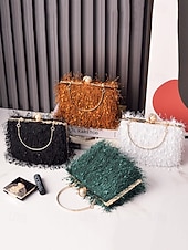 tanie Torby i torebki-Damska torebka na imprezę świąteczną – elegancka wieczorowa torebka z piórami w kolorze czerwonym i zielonym, ze złotym uchwytem i perłowym zapięciem – świąteczny prezent dla kobiety – szykowny, świąteczny styl na uroczystości bożonarodzeniowe