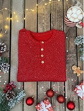 billiga Jultröjor-Julens Kvinnors Tröja Elegant Mode Grafisk Crew Neck Tryck Långa Ärmar Regulator Tops Stickad Hem Daglig Röd Grön Vår Höst