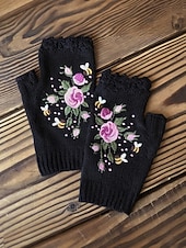 levne Dámské rukavice-Dámské vánoční vyšívané rukavice – květinový vzor se včelami, materiál bavlněná příze, dostupné v několika barvách, ideální pro zimní svátky a slavnostní příležitosti