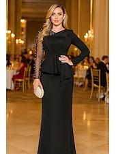 abordables Robes de Soirée-Fourreau / Colonne Robe de Soirée Élégant Robe de soirée Formel Mariage Longueur au sol manche longue Col ras du cou Satin avec Perles Perlage 2025