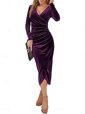 preiswerte Einfaches Kleid-Damen Samt Midi Kleid Etuikleid Wickelkleid A-Linie Kleid Party Cocktail Party Hochzeitsgast Reguläre Passform Einfarbig Langarm V-Ausschnitt Schwarz Lila Grün Herbst Winter