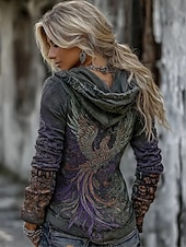 Недорогие Бохо топы-Жен. Толстовки на молнии Молния Графика Активный Винтаж Этнический Длинный рукав Капюшон Обычные топы Повседневные Дом Спорт Лиловый Коричневый Светло-серый Темно-серый Осень Зима