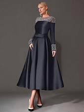 preiswerte Cocktailkleider-A-Linie Tee-Länge Cocktailkleider Elegant Glitzern Langarm Juwelenhals Weihnachten Formell Satin mit Perlen