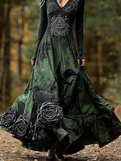 billiga Boho-klänning-Kvinnors Maxi Klänning A-linjeformad Klänning Plisserad Klänning Passform Och Flare Klänning Boho Datum Regular Fit Blommig Grafik Lång Ärmar V-Hals Grön Vår Höst Vinter