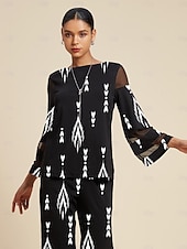 Naisten pusero Musta Geometrinen kuvio Pyöreä kaula-aukko 3/4 hihat Tyylikäs Vapaa-aika Kevät Syksy Loma Perus halpa paitoja, toppeja ja puseroja-Naisten pusero Musta Geometrinen kuvio Pyöreä kaula-aukko 3/4 hihat Tyylikäs Vapaa-aika Kevät Syksy Loma Perus