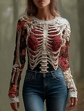 ieftine Bluză și cămăși de Halloween-Pulover pentru femei Drăguț Streetwear Casual Grafică Schelet Guler rotund Patching Tricotat Mânecă lungă Regulare Îmbrăcăminte exterioară Roșie Toamnă Iarnă