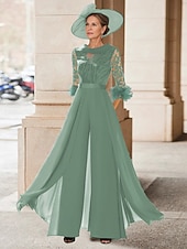 economico Tute della mamma-Tuta Completo Pantalone Lunghezza al pavimento Abito da cerimonia per signora Mezza Manica Collo gioiello Elegante Vintage Ospite di nozze Chiesa Chiffon con Piuma Paillettes Applicazioni